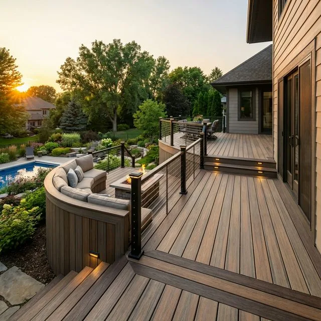 Custom composite deck with modern railing in a DFW backyard