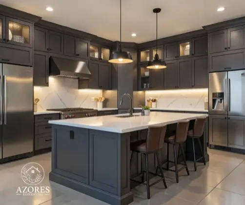 Luxury kitchen remodel with marble countertops and brass hardware