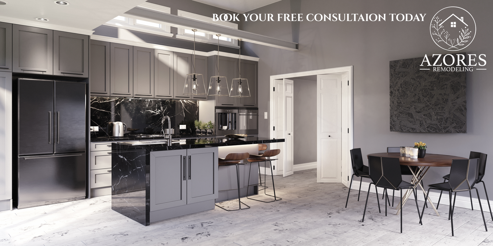 Dramatic navy blue kitchen with brass hardware and marble backsplash